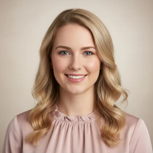 A young woman with long blonde hair and blue eyes smiles at the camera, wearing a light pink blouse and standing against a neutral background.