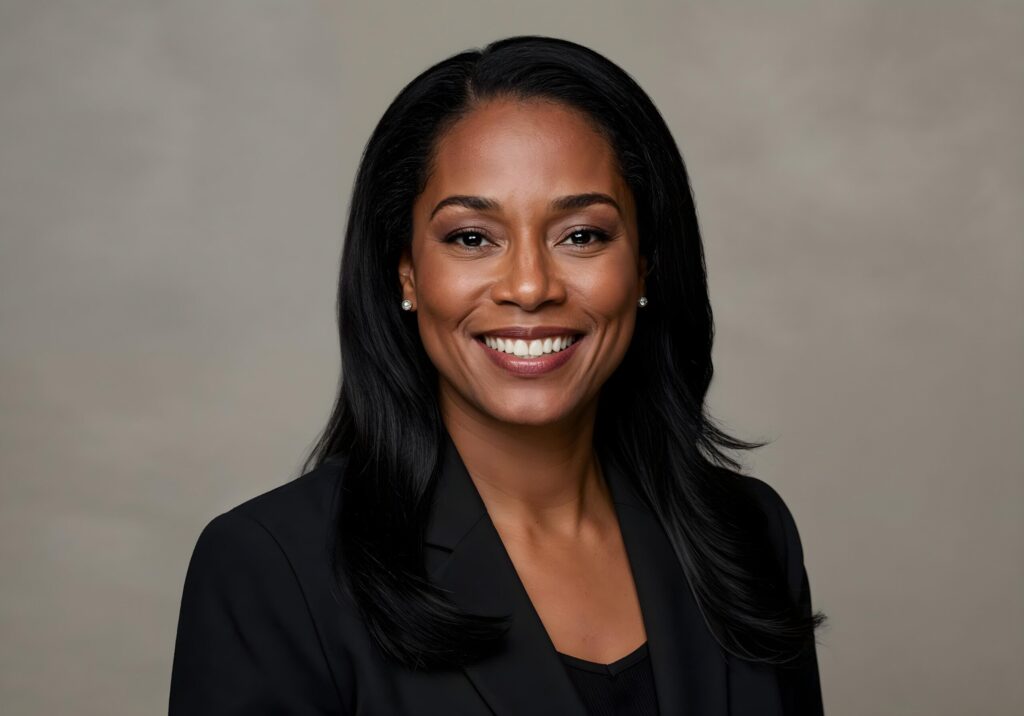 A woman with long black hair, wearing a black blazer and top, smiles at the camera against a plain light gray background.